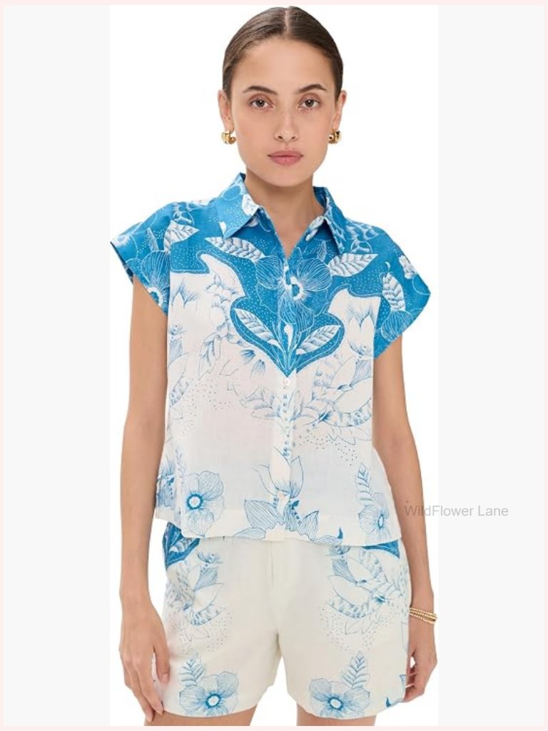 Short Sleeve Button Down Blouse - Tropical Print